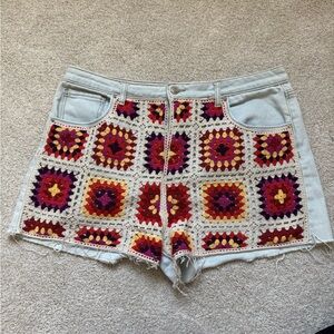 SO Crochet Patchwork Jean Shorts - Red, Orange, Cream